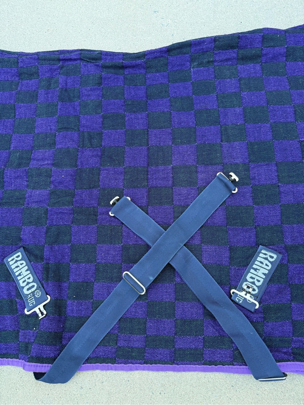 Rambo by Ireland Horse cooler Purple & Black Checkered w/ Navy Straps
